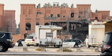 A damaged building, following an Israeli attack on Hamas leaders, according to an Israeli official, in Doha, Qatar, September 9, 2025. REUTERS/Ibraheem Abu Mustafa