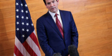 U.S. Secretary of State Marco Rubio speaks to reporters in a departure lounge before returning to Washington following meetings with Caribbean Community (CARICOM) leaders, at Robert L. Bradshaw International Airport in Basseterre, Saint Kitts and Nevis, February 25, 2026. REUTERS/Jonathan Ernst/Pool